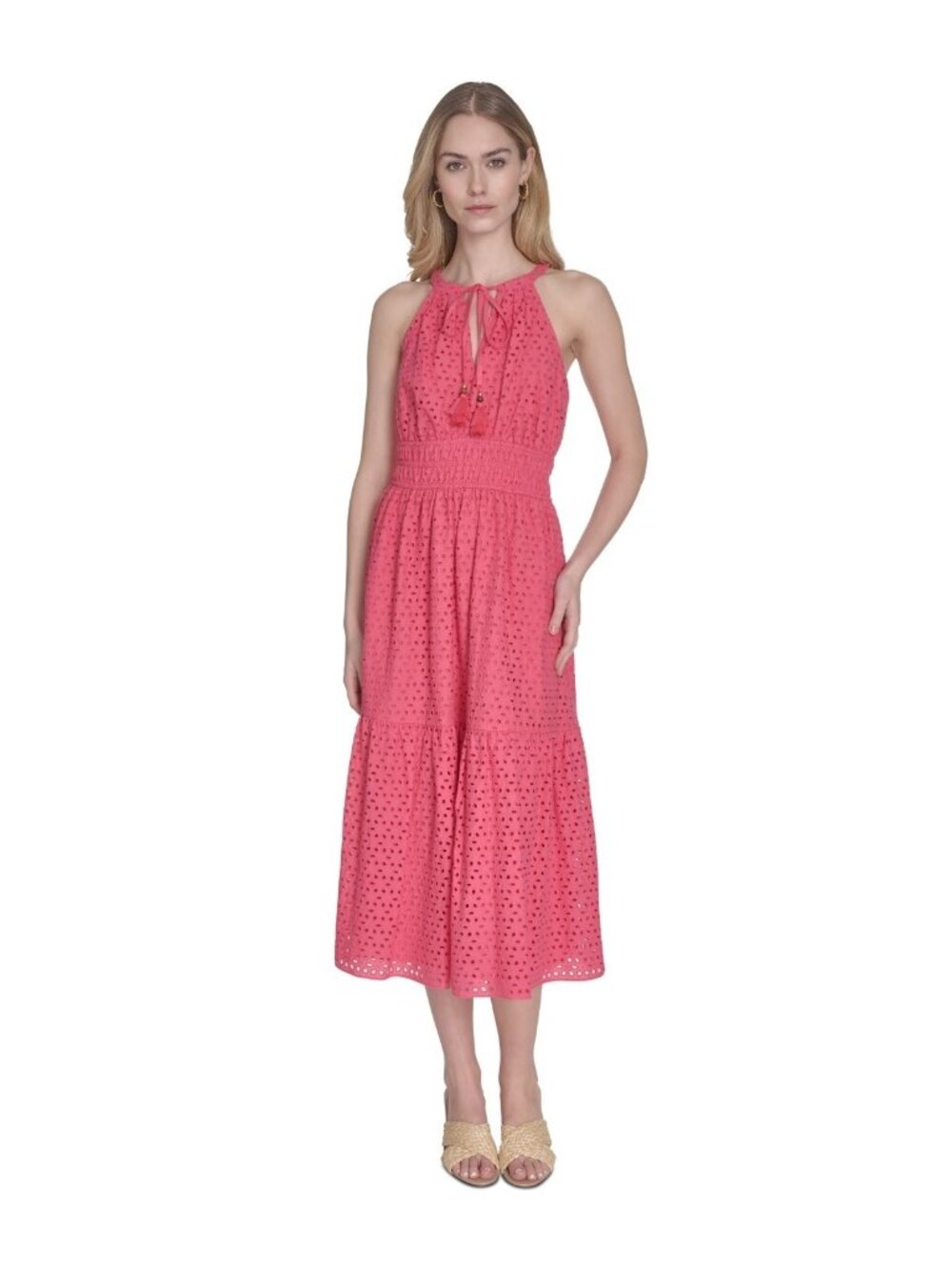 Vince Camuto Women's Cotton Sleeveless Eyelet Midi Dress Pink Size 14 MSRP $158